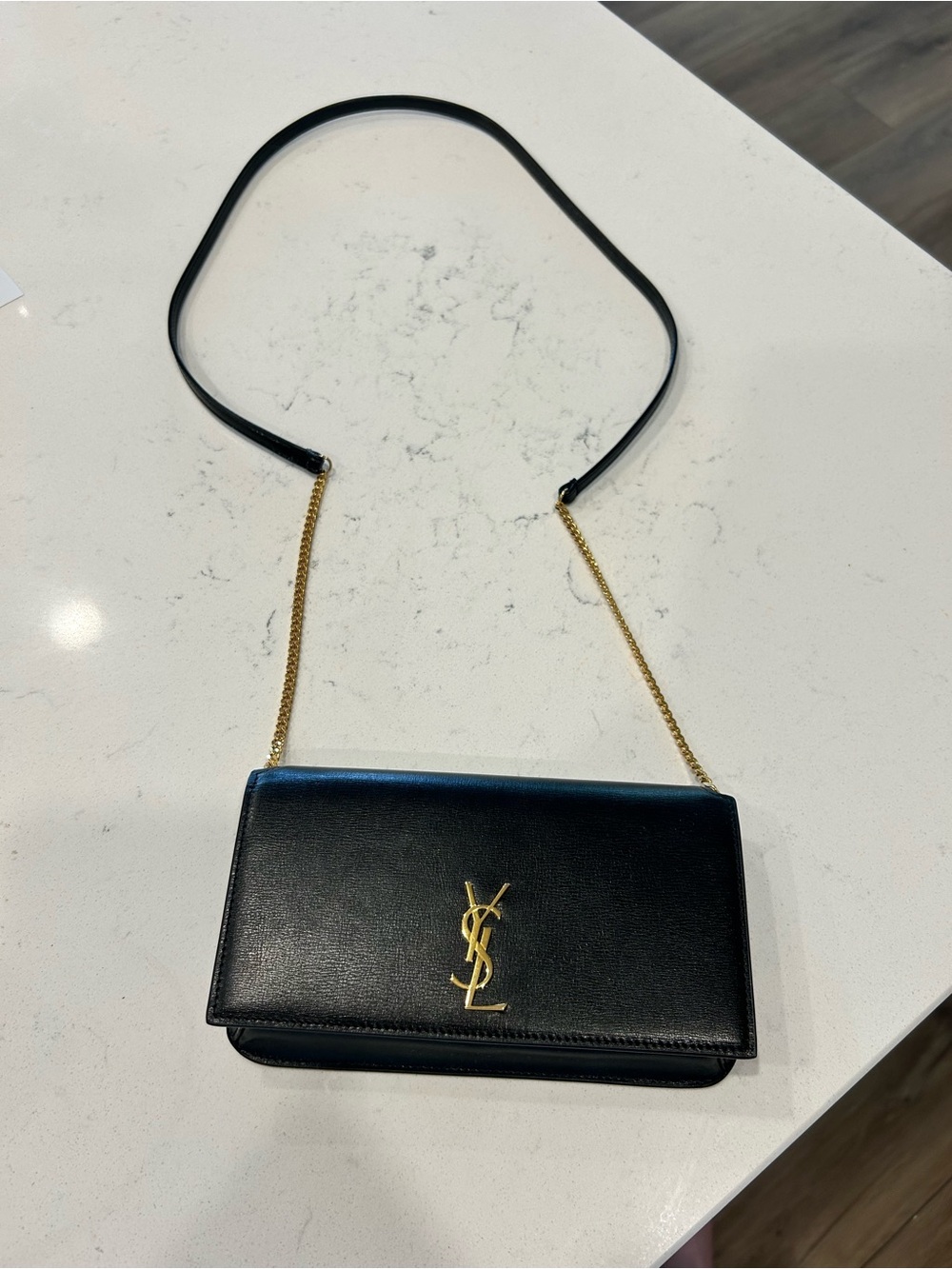 Saint Laurent Black Leather phone holder Crossbody with Gold YSL Chain
